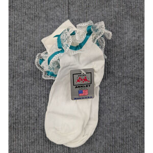 Vintage Lace Ruffle Socks Womens 9-11 Nylon Coquette White Teal Light Girly Y2K
